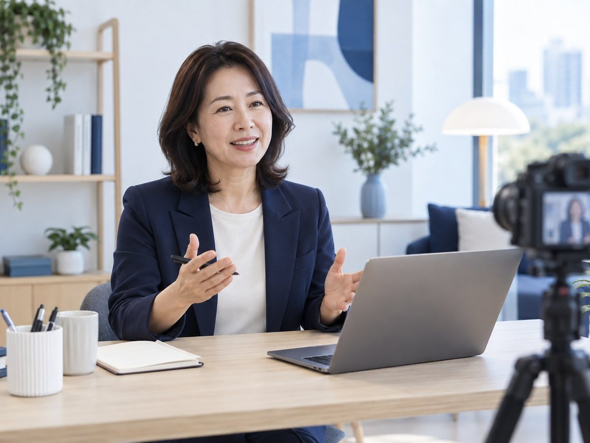 여성이 삼각대 카메라 앞에서 설명하는 장면(연출 사진)