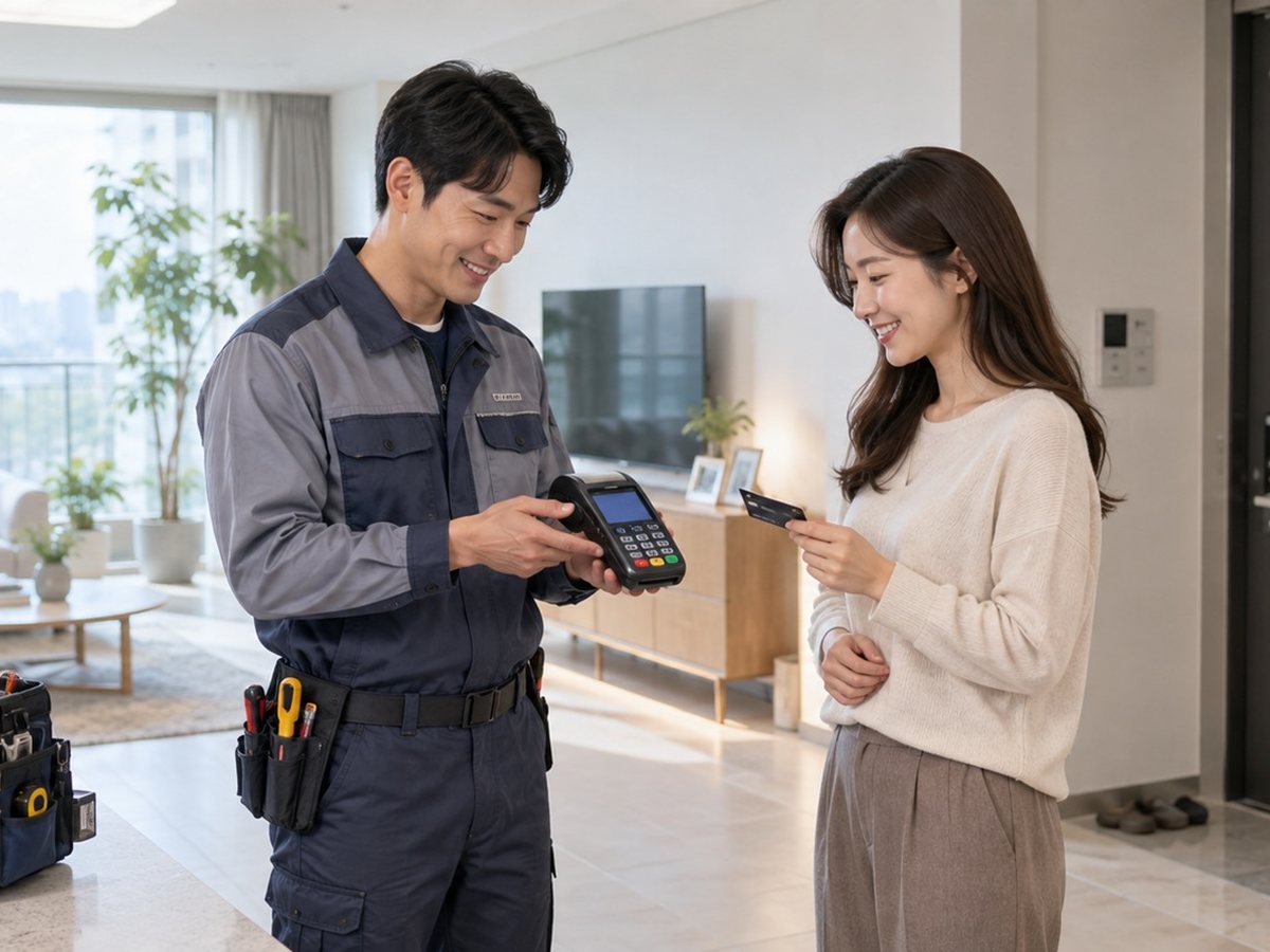 설치 기사가 매장에서 단말기를 설치하고 설명하는 장면(연출 사진)