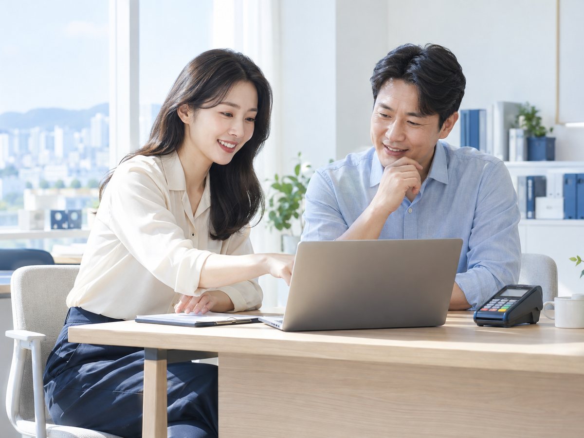 두 사람이 노트북 옆 단말기를 보며 이야기하는 장면(연출 사진)