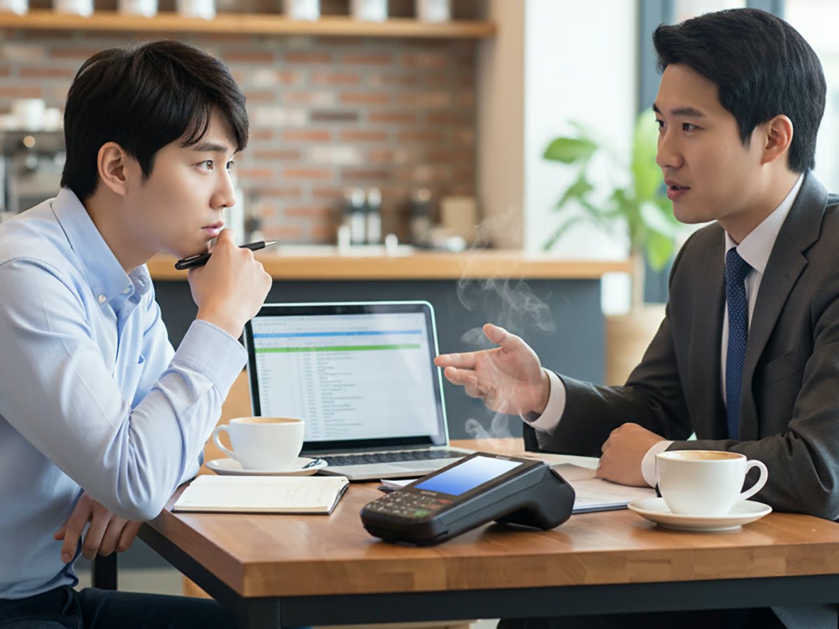 카페 테이블에서 두 사람이 단말기를 놓고 이야기하는 장면(연출 사진)
